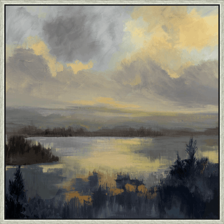 This artwork captures a serene landscape with an expressive painterly style. Overlooking a calm body of water, the piece evokes a sense of tranquility with its soft hues of grey, yellow and blue. The brushstrokes create a dynamic interplay of light and shadow, from the soft, glowing clouds in the sky, to the darker, grounded areas of the land, trees and vegetation. The painting invites contemplation.