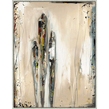 This abstract artwork features three tall, slender figures rendered with bold brushstrokes and a palette of earthy tones and vibrant color accents. The composition is characterized by a sense of movement, suggested by the verticality of the figures and the scattered splashes and drips of paint. The background is a neutral wash, allowing the figures to take center stage and convey a feeling of intimacy and mystery.