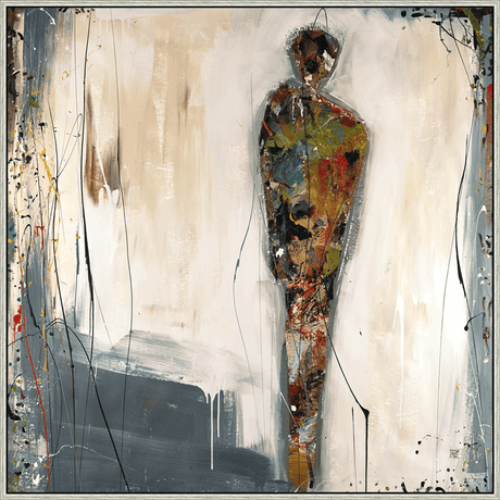 This original artwork captures the essence of abstract expressionism through a striking composition featuring a solitary figure. The figure, rendered in bold and textured brushstrokes, stands in stark contrast against a backdrop of muted tones and dynamic lines, creating a sense of depth and contemplation. Splatters and drips of color add movement and energy, making this piece a captivating focal point for any space.