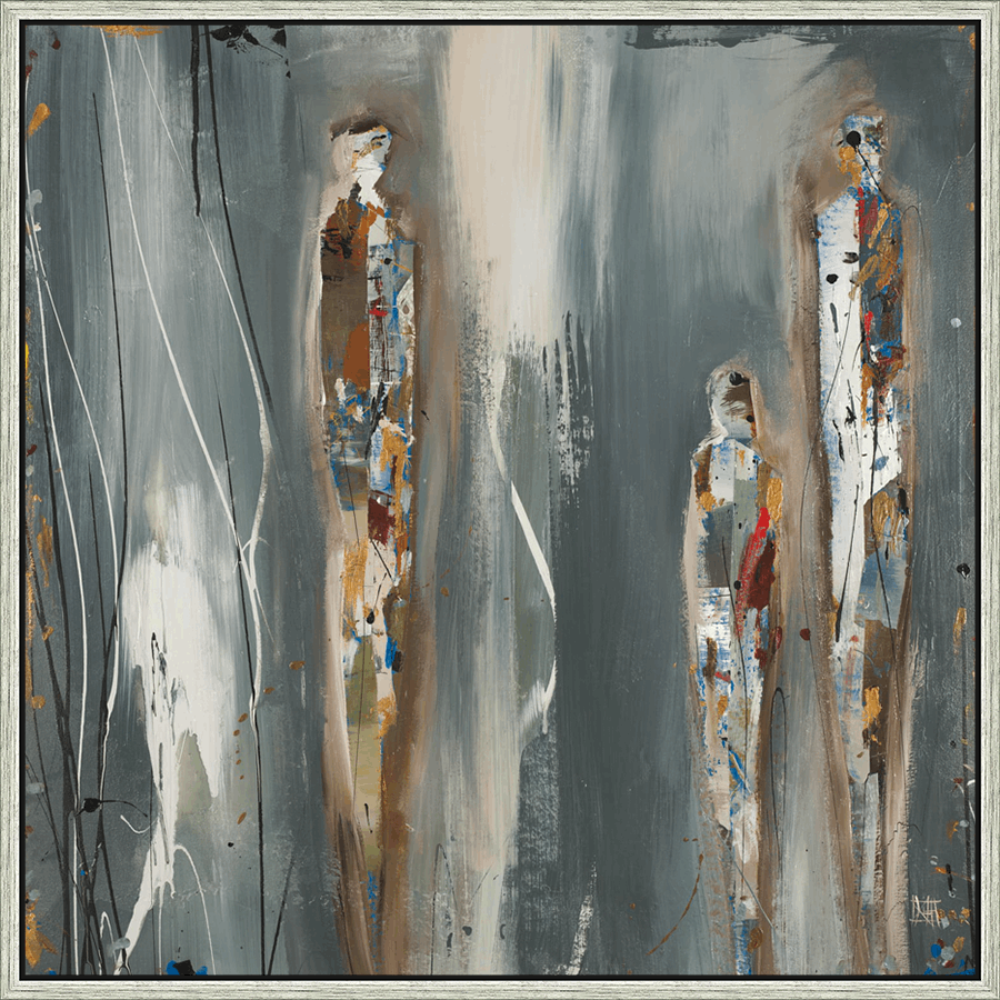This captivating abstract painting invites the viewer into a world of intriguing figures and expressive brushstrokes. The artwork features indistinct human shapes rendered in a palette of cool grays, whites, and muted earth tones, accented with metallic gold and splashes of vivid color. The interplay of layered textures, flowing lines, and dynamic composition creates a sense of depth and movement, evoking a contemplative atmosphere and a narrative of connection and individuality.