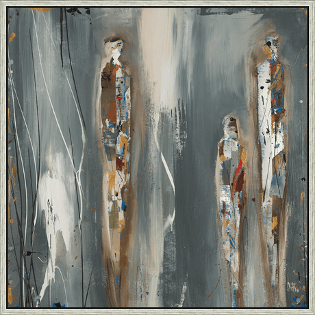 This captivating abstract painting invites the viewer into a world of intriguing figures and expressive brushstrokes. The artwork features indistinct human shapes rendered in a palette of cool grays, whites, and muted earth tones, accented with metallic gold and splashes of vivid color. The interplay of layered textures, flowing lines, and dynamic composition creates a sense of depth and movement, evoking a contemplative atmosphere and a narrative of connection and individuality.