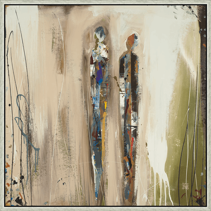 This expressive abstract painting features two figures rendered with a blend of brushstrokes and layered textures. The artwork employs a neutral palette with subtle pops of color, creating a sense of depth and emotion. The vertical composition and fluid lines evoke a feeling of movement and connection, making it a captivating addition to any space.