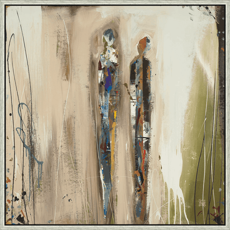 This expressive abstract painting features two figures rendered with a blend of brushstrokes and layered textures. The artwork employs a neutral palette with subtle pops of color, creating a sense of depth and emotion. The vertical composition and fluid lines evoke a feeling of movement and connection, making it a captivating addition to any space.