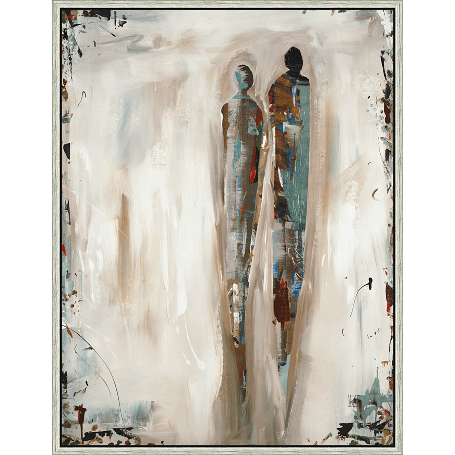 This evocative abstract painting features two figures rendered in soft, muted tones against a backdrop of broad, expressive brushstrokes. The interplay of light and shadow, coupled with subtle color variations, creates a sense of depth and emotional resonance. A blend of deliberate and spontaneous techniques creates a composition that captures movement and a story, perfect for enhancing any space with its artistic flair.