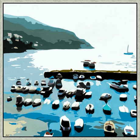 This stunning piece captures a serene coastal scene with a unique artistic style. The artwork portrays a tranquil bay, featuring a cluster of boats gently bobbing on the water, framed by a distant mountain and a stretch of coastline. The simplified forms and bold color palette create a modern and appealing aesthetic, making it a perfect addition to any space seeking a touch of coastal charm.