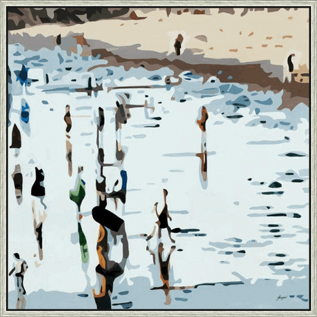 This art piece captures a moment of serene activity, likely at a waterside location like a beach. Stylized figures are depicted as silhouettes and abstracted shapes, adding a contemporary feel. The color palette of whites, blues, browns, and touches of color creates an impressionistic and calming atmosphere.