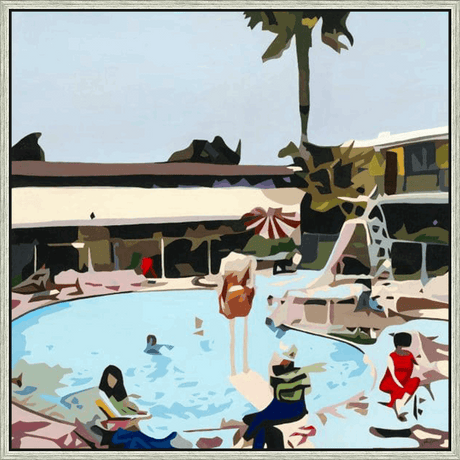This artwork captures a serene poolside scene bathed in the warm sunlight of a vacation day. The vibrant blue pool contrasts with the muted tones of the surrounding buildings and lush greenery. Figures of people enjoying the pool complete the laid-back atmosphere. The composition features a unique artistic style, employing bold shapes and colors to depict the idyllic setting, making it an attractive piece for adding a touch of relaxation to your home.
