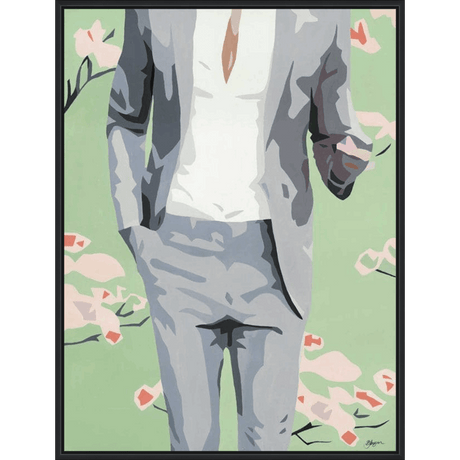 This striking artwork features a figure in a grey suit and white shirt, standing casually with a hand in their pocket, set against a refreshing green backdrop adorned with stylized floral elements. The use of bold color blocking creates a modern and graphic aesthetic, lending a sense of sophistication and contemporary flair to any space. Its minimalist yet impactful design makes it a versatile addition to any art collection.