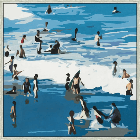 This original artwork depicts a vibrant seaside scene, capturing a day at the beach with bold strokes and a unique color palette. Swimmers and surfers dot the waves, inviting the viewer to imagine themselves in the refreshing blue water. The artist's distinctive style creates a captivating and dynamic composition that is both modern and evocative, perfect for bringing the serenity of the ocean into your space.
