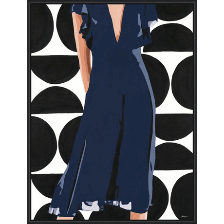 This artwork features a woman in a blue dress against a backdrop of black and white semi-circles, creating a modern and geometric feel. The figure is central and the dress is the main focus, with the background shapes adding a playful dynamic. It's a stylish piece suitable for adding a contemporary touch to any room.