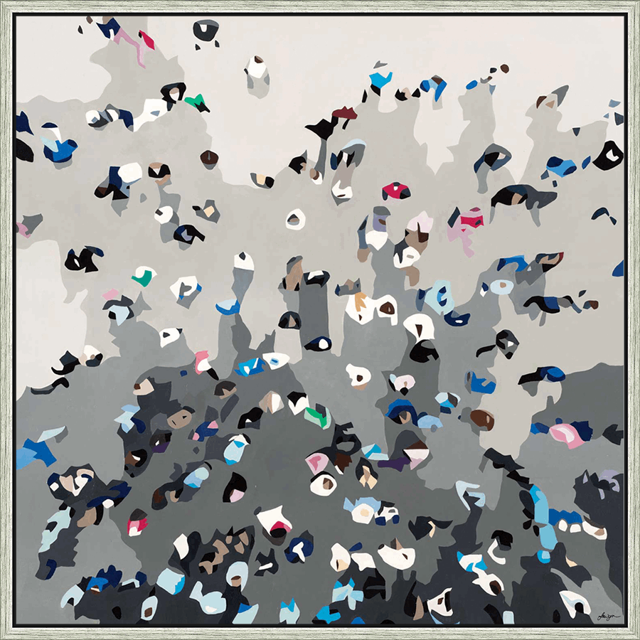 This abstract piece captures a bird's-eye view of a crowd, using a palette of cool greys, blues, and touches of pink to evoke a sense of depth and movement. The figures are rendered in simple, geometric shapes, creating a dynamic composition that invites the viewer to contemplate the patterns of humanity. The artwork offers a modern and minimalist aesthetic, making it a versatile addition to any decor style.