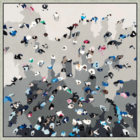 This abstract piece captures a bird's-eye view of a crowd, using a palette of cool greys, blues, and touches of pink to evoke a sense of depth and movement. The figures are rendered in simple, geometric shapes, creating a dynamic composition that invites the viewer to contemplate the patterns of humanity. The artwork offers a modern and minimalist aesthetic, making it a versatile addition to any decor style.