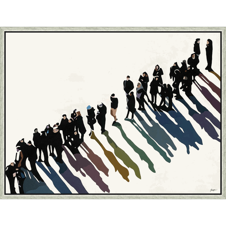 This contemporary artwork captures the essence of urban life, depicting a procession of figures against a clean, minimalist backdrop. Silhouetted in black, the people cast elongated, colorful shadows that create a dynamic interplay of light and form. The stark contrast and strategic use of color evoke a sense of movement and convey a captivating visual narrative, perfect for a modern interior.