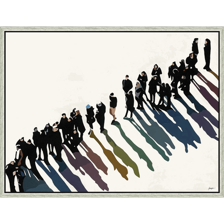 This contemporary artwork captures the essence of urban life, depicting a procession of figures against a clean, minimalist backdrop. Silhouetted in black, the people cast elongated, colorful shadows that create a dynamic interplay of light and form. The stark contrast and strategic use of color evoke a sense of movement and convey a captivating visual narrative, perfect for a modern interior.