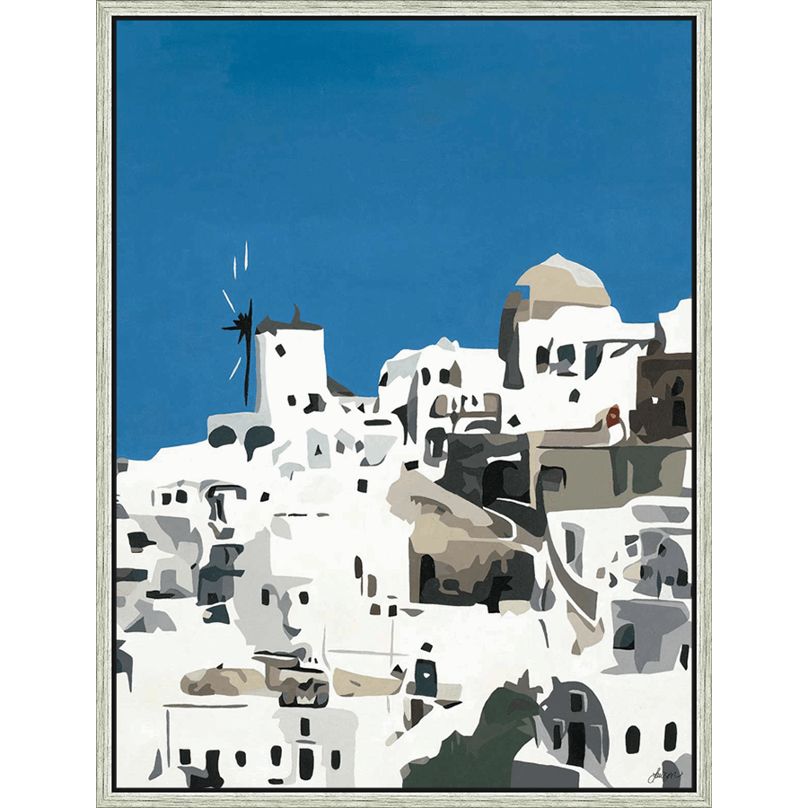 This artwork captures the essence of a picturesque Greek village, with its iconic white buildings and blue skies. The minimalist design uses bold shapes and contrasting colors to evoke a sense of tranquility and the simple beauty of the Mediterranean. This art piece would make a perfect addition to any space and is sure to add a touch of wanderlust and serenity.