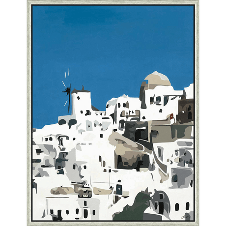 This artwork captures the essence of a picturesque Greek village, with its iconic white buildings and blue skies. The minimalist design uses bold shapes and contrasting colors to evoke a sense of tranquility and the simple beauty of the Mediterranean. This art piece would make a perfect addition to any space and is sure to add a touch of wanderlust and serenity.