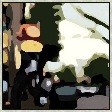 This abstract painting features a dynamic interplay of organic shapes and a rich color palette, evoking a sense of depth and movement. Warm, earthy tones blend with cool blues and greens, creating a visually engaging composition that invites contemplation. The artist's deliberate use of form and color invites viewers to interpret the piece on a personal level.