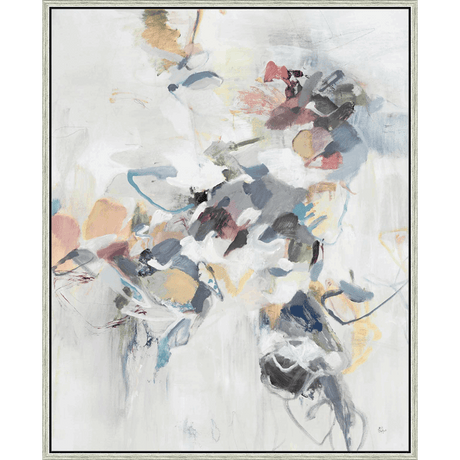 This original abstract painting features a delicate composition of gestural brushstrokes and organic shapes, rendered in a soft, muted palette of blues, grays, pinks, and creams. The artwork evokes a sense of airiness and movement, inviting the viewer to explore its nuanced textures and subtle color variations. It’s a refined piece, perfect for adding a touch of sophisticated artistry to any space.