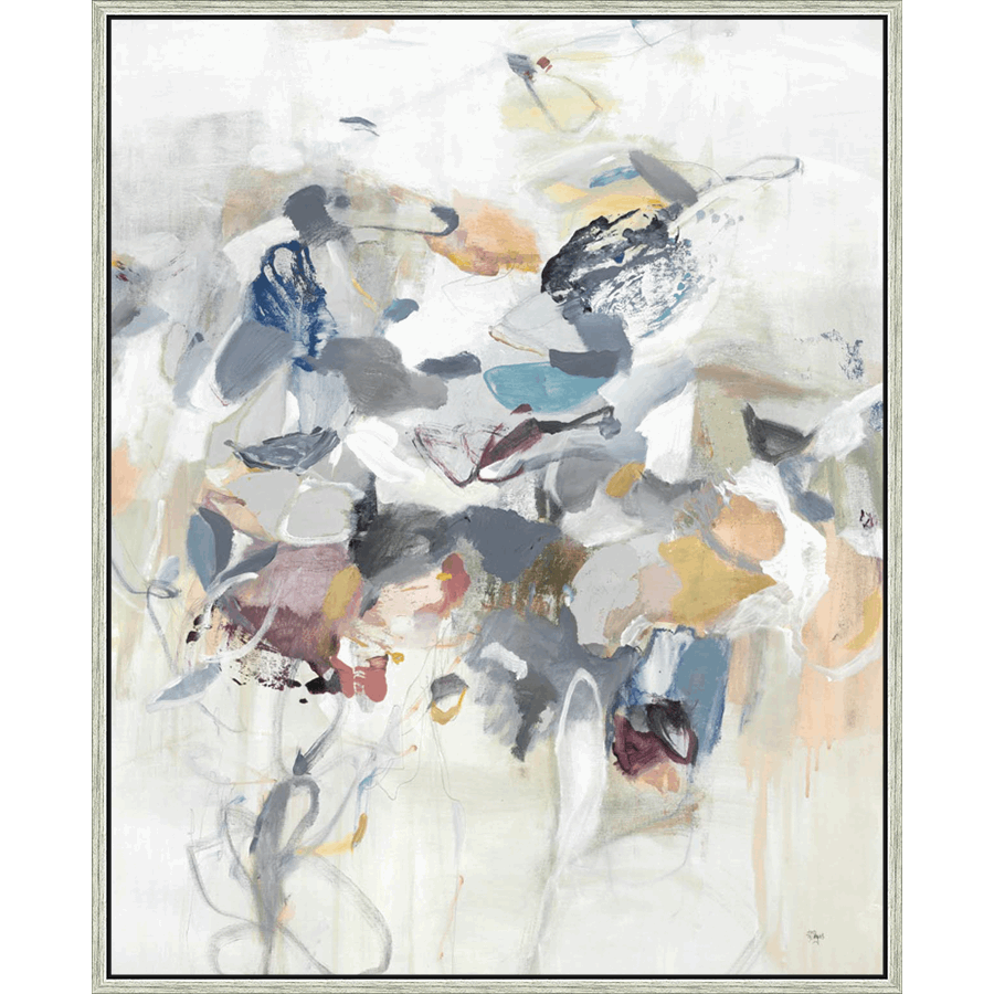 This abstract painting showcases a soft, neutral palette with pops of color and dynamic brushstrokes. The piece uses flowing lines and layered shapes to create a sense of depth and movement, inviting the viewer to explore its complex textures and forms. Subtle details in muted tones of gray, blue, and peach offer a touch of warmth, blending together to create an organic and contemplative aesthetic.