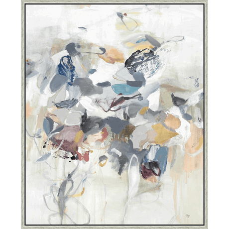 This abstract painting showcases a soft, neutral palette with pops of color and dynamic brushstrokes. The piece uses flowing lines and layered shapes to create a sense of depth and movement, inviting the viewer to explore its complex textures and forms. Subtle details in muted tones of gray, blue, and peach offer a touch of warmth, blending together to create an organic and contemplative aesthetic.