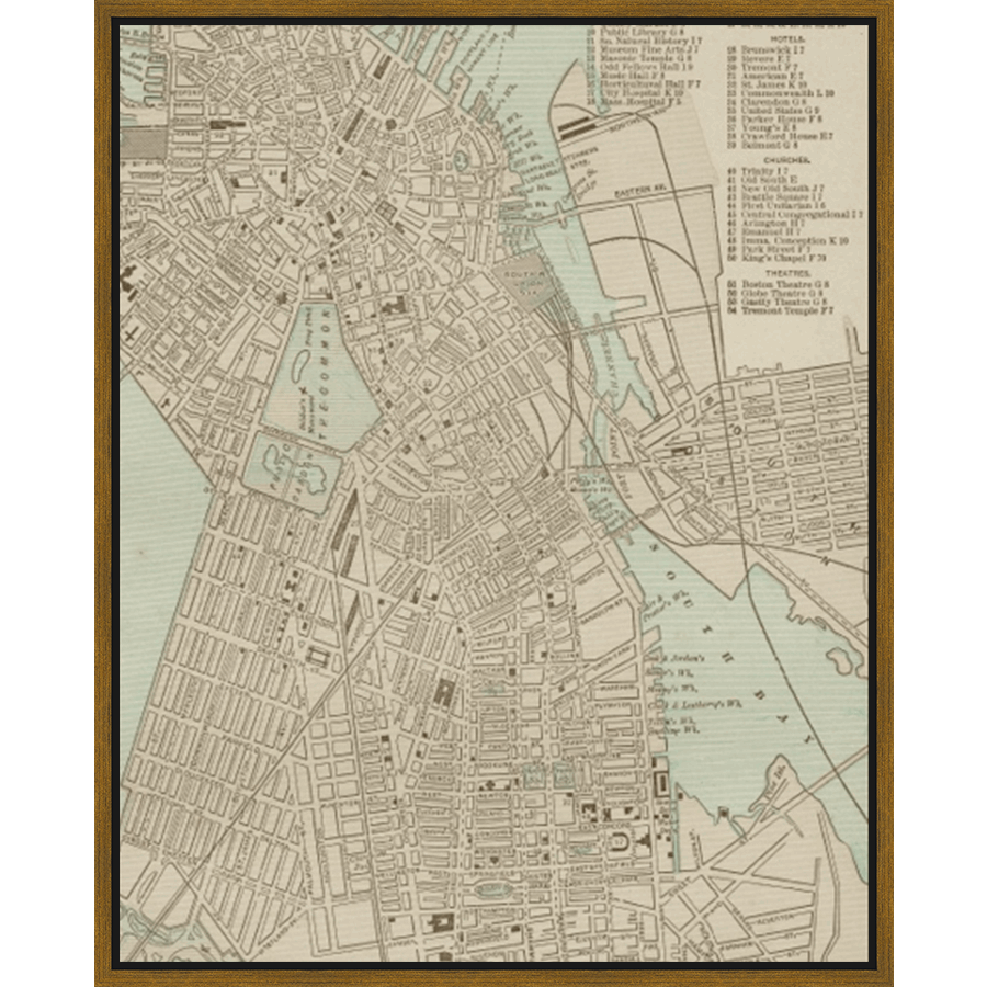 This antique map showcases a detailed street plan, featuring prominent landmarks, churches, theaters, and hotels. The map's muted colors and intricate details give it an old-world charm, representing a snapshot of urban layout. A list of notable places is included along the right side, with labeled streets and water elements. Perfect for a historical decor or a thoughtful gift for anyone who loves city history.