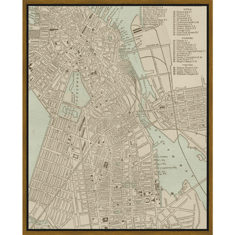 This antique map showcases a detailed street plan, featuring prominent landmarks, churches, theaters, and hotels. The map's muted colors and intricate details give it an old-world charm, representing a snapshot of urban layout. A list of notable places is included along the right side, with labeled streets and water elements. Perfect for a historical decor or a thoughtful gift for anyone who loves city history.