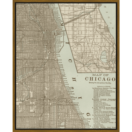 This vintage map showcases a detailed view of Chicago, Illinois, highlighting key landmarks and transportation routes of the era. The artwork is a beautiful and historic representation of the city, rendered in a neutral color palette and framed for immediate display. It adds a touch of history and sophistication to any room, perfect for anyone with a love for cartography or the Windy City.