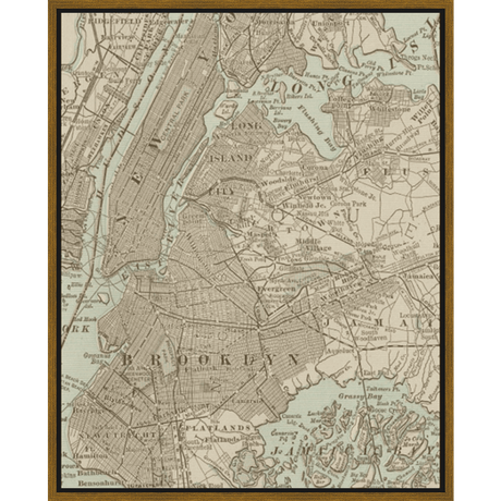 This vintage-style map showcases the intricate details of New York City, featuring a detailed rendering of boroughs like Manhattan, Brooklyn, and Queens. The artwork's muted color palette and aged appearance evoke a sense of nostalgia, transporting you back in time to a bygone era of urban exploration. It's a perfect piece for anyone who appreciates history, cartography, and the unique character of the city that never sleeps.