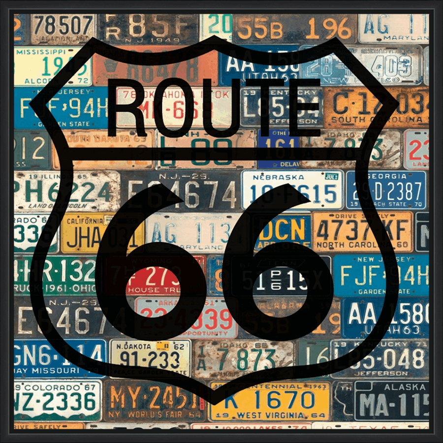 Route 66 Art is a striking artwork featuring a Route 66 sign overlaid on a collage of vintage license plates, capturing the spirit of the iconic highway and the nostalgia of classic Americana. The bold black silhouette of the route sign contrasts beautifully with the colorful, weathered plates, each representing a different state and era, creating a visually dynamic and memorable piece perfect for adding a touch of vintage charm to any space.