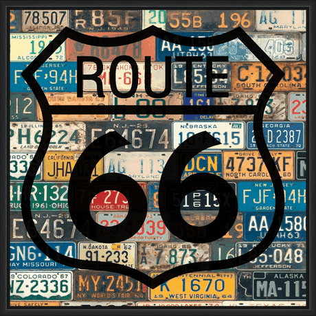 Route 66 Art is a striking artwork featuring a Route 66 sign overlaid on a collage of vintage license plates, capturing the spirit of the iconic highway and the nostalgia of classic Americana. The bold black silhouette of the route sign contrasts beautifully with the colorful, weathered plates, each representing a different state and era, creating a visually dynamic and memorable piece perfect for adding a touch of vintage charm to any space.