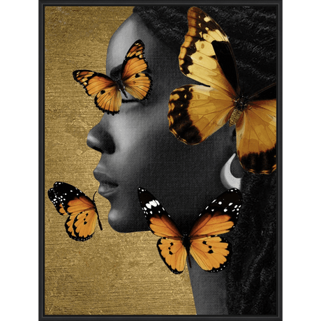 This stunning artwork captures the serene profile of a woman against a backdrop of textured gold. Butterflies of varying sizes and vibrant orange hues dance around her, creating a mesmerizing juxtaposition of beauty and nature. The black and white portrait adds depth, while the splashes of gold and orange butterflies evoke a sense of warmth and ethereal beauty, perfect for any space.