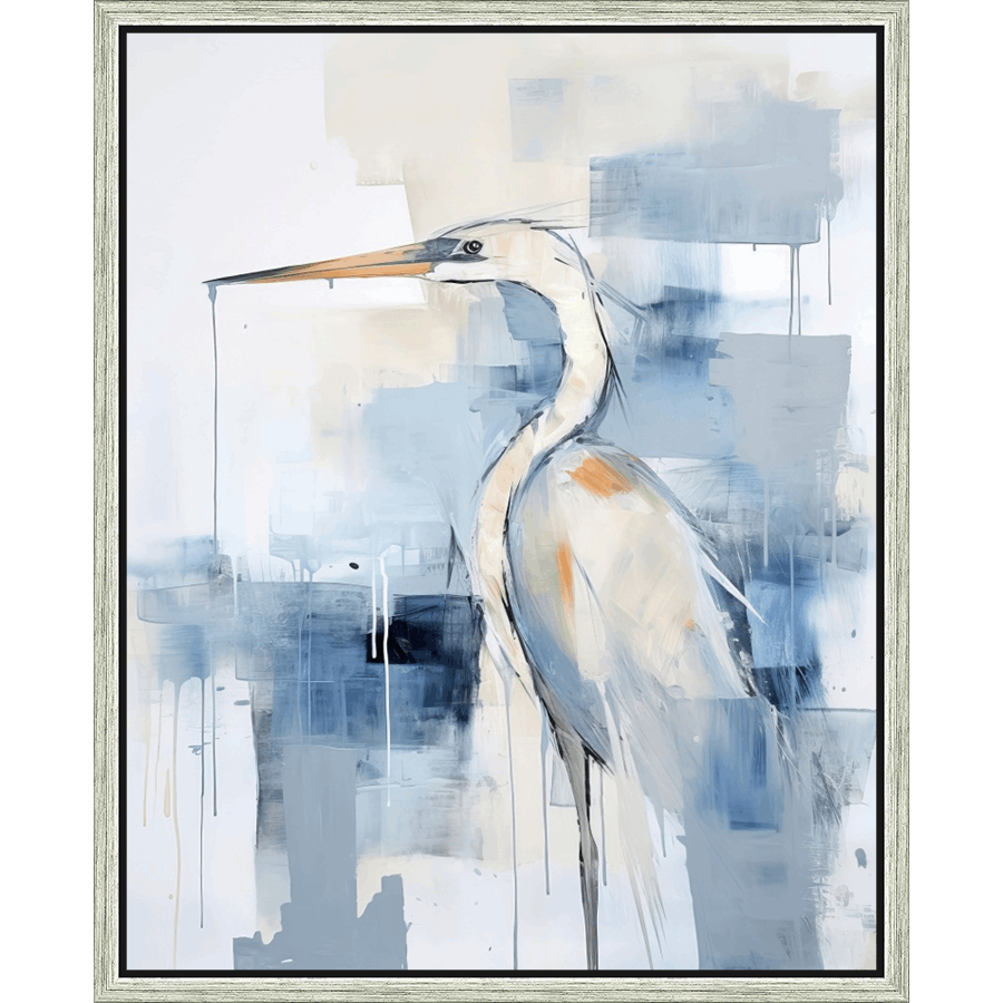 This stunning piece features a graceful heron, rendered with expressive brushstrokes and a soothing color palette. The artist uses a combination of fluid lines and textured blocks of color to capture the bird's elegant form and the abstract nature of its surroundings, creating a captivating artwork that adds a touch of sophistication and tranquility to any space. The painting is encased in a silver framed canvas.