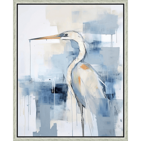 This stunning piece features a graceful heron, rendered with expressive brushstrokes and a soothing color palette. The artist uses a combination of fluid lines and textured blocks of color to capture the bird's elegant form and the abstract nature of its surroundings, creating a captivating artwork that adds a touch of sophistication and tranquility to any space. The painting is encased in a silver framed canvas.