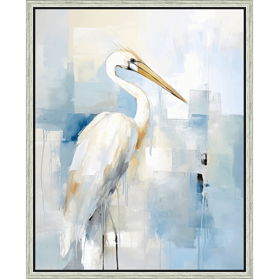 This stunning piece captures the elegance of a heron in an abstract style, rendered with textured brushstrokes and a calming palette of blues, whites, and touches of gold. The artwork evokes a sense of tranquility, perfect for bringing a touch of coastal serenity to any space. The heron's graceful form is beautifully highlighted against the subtle background, creating a visually striking piece of art.