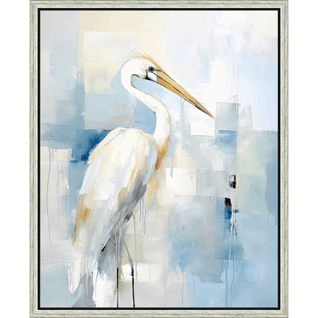 This stunning piece captures the elegance of a heron in an abstract style, rendered with textured brushstrokes and a calming palette of blues, whites, and touches of gold. The artwork evokes a sense of tranquility, perfect for bringing a touch of coastal serenity to any space. The heron's graceful form is beautifully highlighted against the subtle background, creating a visually striking piece of art.