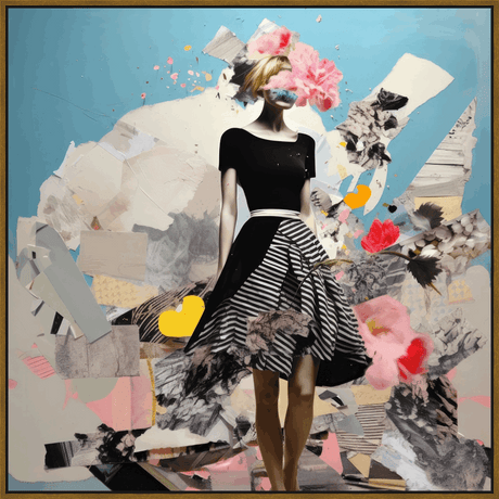 This mixed media artwork features a figure in a black dress standing against an abstract backdrop of various textures and colors. The focal point appears to be the woman, with her face obscured by floral elements, blending the natural and the artificial. The work is framed, adding a sense of completeness, while the use of collage elements creates depth and visual interest, offering a unique and contemporary piece of art for any space.