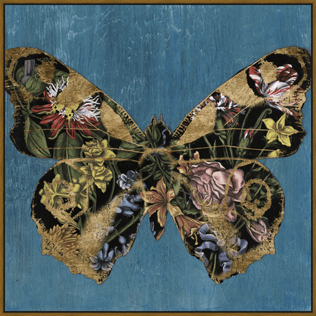 A beautifully crafted artwork featuring a striking butterfly silhouette with intricate floral patterns, accented with delicate gold leaf details. The artwork is set against a textured, vibrant blue backdrop and framed for a sophisticated touch. Perfect for adding a touch of elegance and nature-inspired beauty to any space.