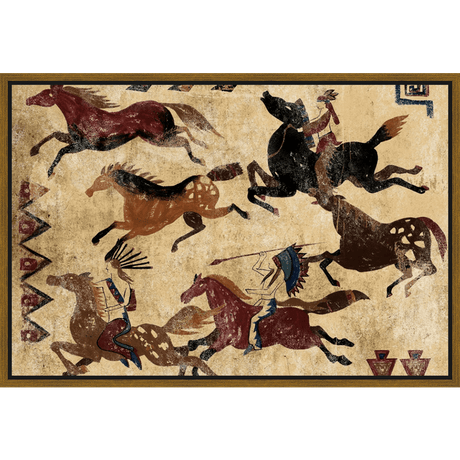 This captivating artwork depicts a vibrant scene of Native American warriors riding horses in a dynamic composition. Bold colors and a textured background reminiscent of ancient cave paintings enhance the piece. The painting showcases the energy of the riders and the horses with its earthy tones and expressive strokes, making it a striking addition to any space.