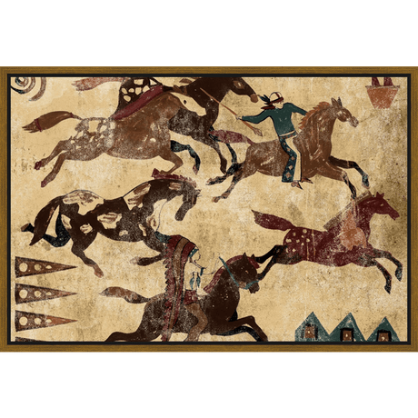 This striking artwork captures a dynamic scene of Native American riders on horseback, depicted in a style reminiscent of ancient cave paintings. The figures are rendered in earthy tones with simple, bold lines, conveying movement and energy. The composition presents a sense of historical storytelling and cultural richness, perfect for anyone who appreciates art inspired by Native American heritage.