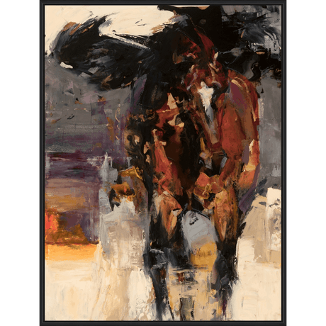 This striking abstract painting showcases dynamic brushstrokes and a rich palette of colors. Bold blacks and reds create a central, imposing form that contrasts with softer hues of purple, orange, and white in the background. The textured application of paint suggests depth and movement, making this piece a captivating focal point for any space.