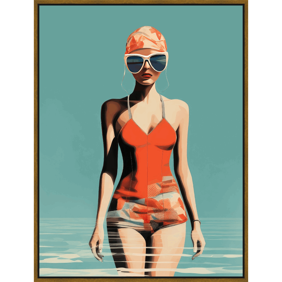 This stylish artwork captures a poised figure emerging from serene waters. The subject, clad in a vibrant swimsuit and a striking swim cap, exudes an aura of cool confidence. Bold lines and a minimalist aesthetic create a modern, visually captivating piece, perfect for adding a touch of summer elegance to any space.