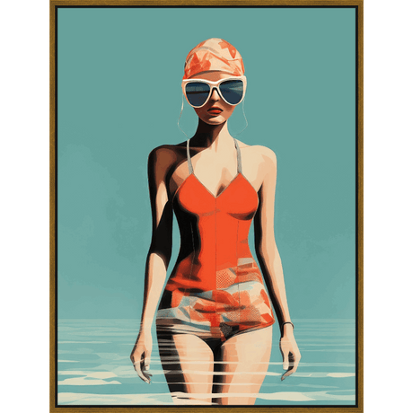 This stylish artwork captures a poised figure emerging from serene waters. The subject, clad in a vibrant swimsuit and a striking swim cap, exudes an aura of cool confidence. Bold lines and a minimalist aesthetic create a modern, visually captivating piece, perfect for adding a touch of summer elegance to any space.
