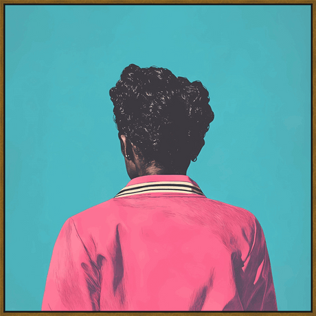 This striking artwork captures the back of a person gazing toward the horizon. The figure's dark, textured hair contrasts with their vibrant pink jacket and the brilliant turquoise backdrop. The minimalist composition creates a sense of depth and invites the viewer to contemplate the subject's perspective and surroundings.