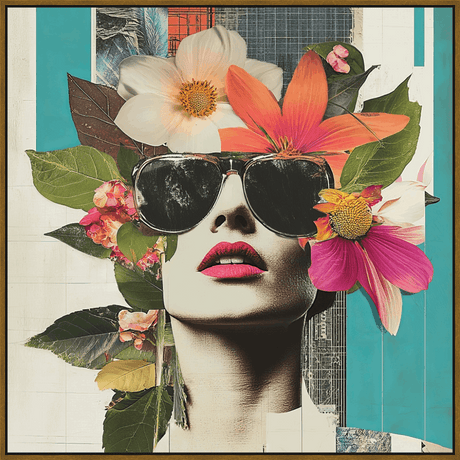 This striking piece of art blends a portrait with botanical elements, creating a captivating image. The focal point is a woman wearing stylish sunglasses, her face adorned with vibrant flowers and lush greenery. The artwork's composition uses contrasting colors and textures, resulting in a bold and modern statement piece, ideal for adding personality to any space.