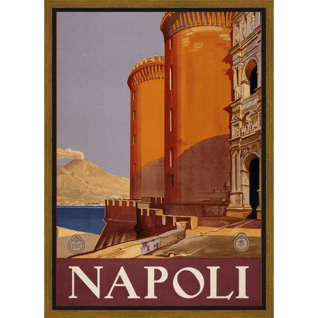 This vintage travel poster transports viewers to Naples, Italy, showcasing its iconic architecture. The artwork features the majestic Castel Nuovo, bathed in warm sunlight against a backdrop of a serene sea and the silhouette of Mount Vesuvius.  The rich colors and classic design evoke a sense of nostalgia and wanderlust, inviting you to explore the beauty and history of this captivating city.