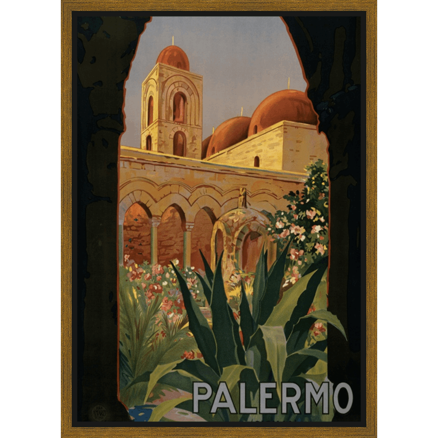 This vintage travel poster features a stunning vista of Palermo, Italy, framed by dark, elegant lines. The artwork showcases an architectural marvel with terracotta domes and arched colonnades, nestled amidst vibrant green foliage and colorful flowers. The word "PALERMO" is boldly displayed at the bottom, drawing the viewer into this idyllic scene of sun-kissed buildings and lush gardens.