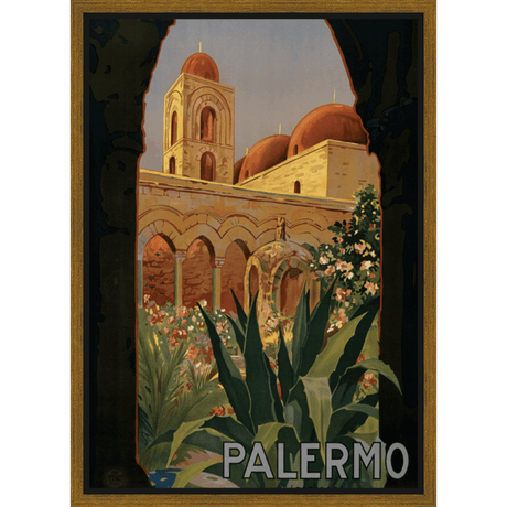 This vintage travel poster features a stunning vista of Palermo, Italy, framed by dark, elegant lines. The artwork showcases an architectural marvel with terracotta domes and arched colonnades, nestled amidst vibrant green foliage and colorful flowers. The word "PALERMO" is boldly displayed at the bottom, drawing the viewer into this idyllic scene of sun-kissed buildings and lush gardens.