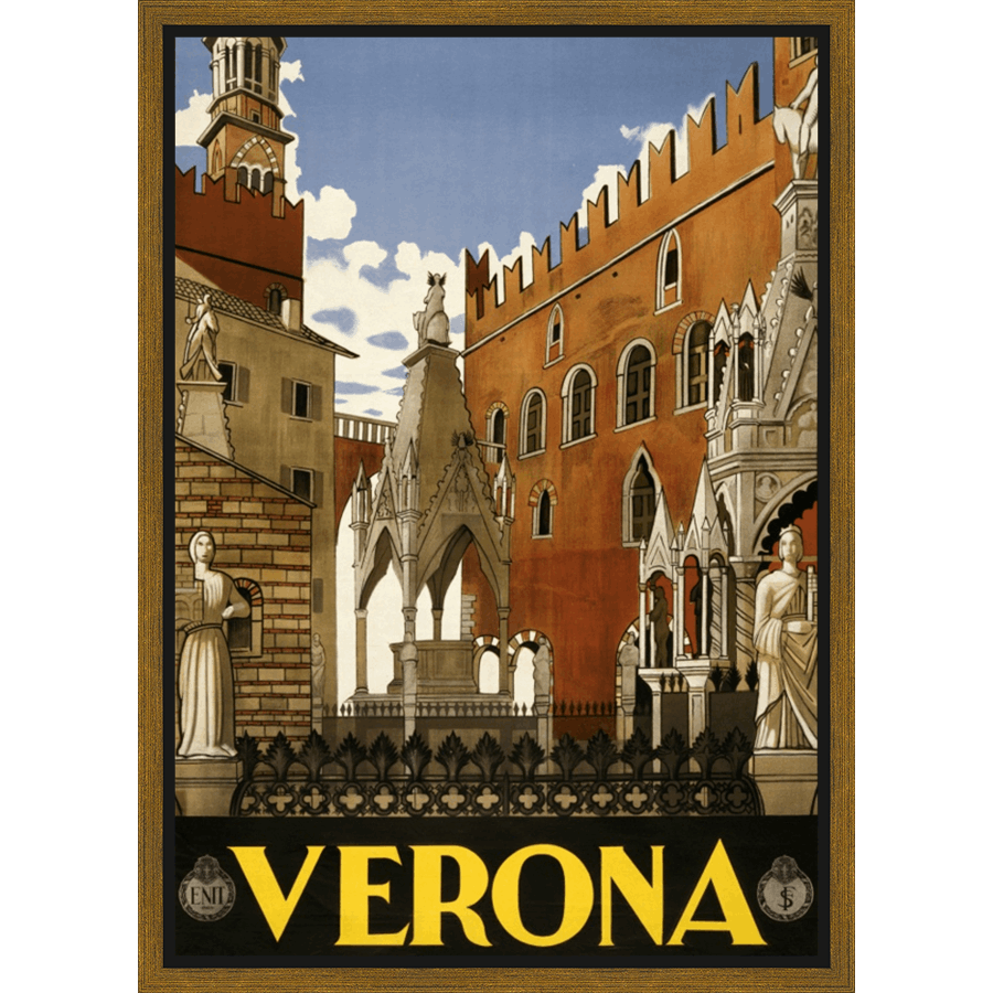 This vintage travel poster showcases the beauty of Verona, Italy, featuring its historic architecture and inviting streets. Warm colors and intricate details highlight the city's charm, capturing the essence of a bygone era. Perfect for adding a touch of European elegance and travel inspiration to any space, this artwork is a timeless tribute to the beauty of Verona.