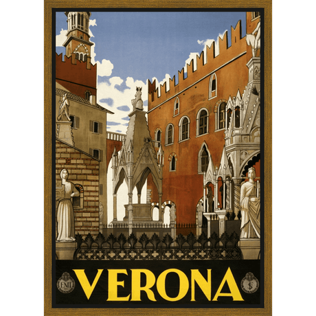 This vintage travel poster showcases the beauty of Verona, Italy, featuring its historic architecture and inviting streets. Warm colors and intricate details highlight the city's charm, capturing the essence of a bygone era. Perfect for adding a touch of European elegance and travel inspiration to any space, this artwork is a timeless tribute to the beauty of Verona.