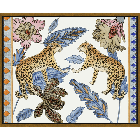 This exquisite artwork showcases two majestic leopards amidst a vibrant tropical landscape. Featuring intricate floral and leaf details rendered in a soft watercolor style, this piece captures a sense of serene elegance. The leopard's spotted coats contrast beautifully with the serene blue and pink hues of the surrounding flora, creating a captivating piece that will enhance any decor.